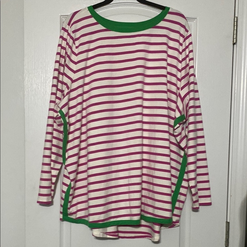 Belle by Kim Gravel Striped Long Sleeve Top in Pink and Green Size 4X